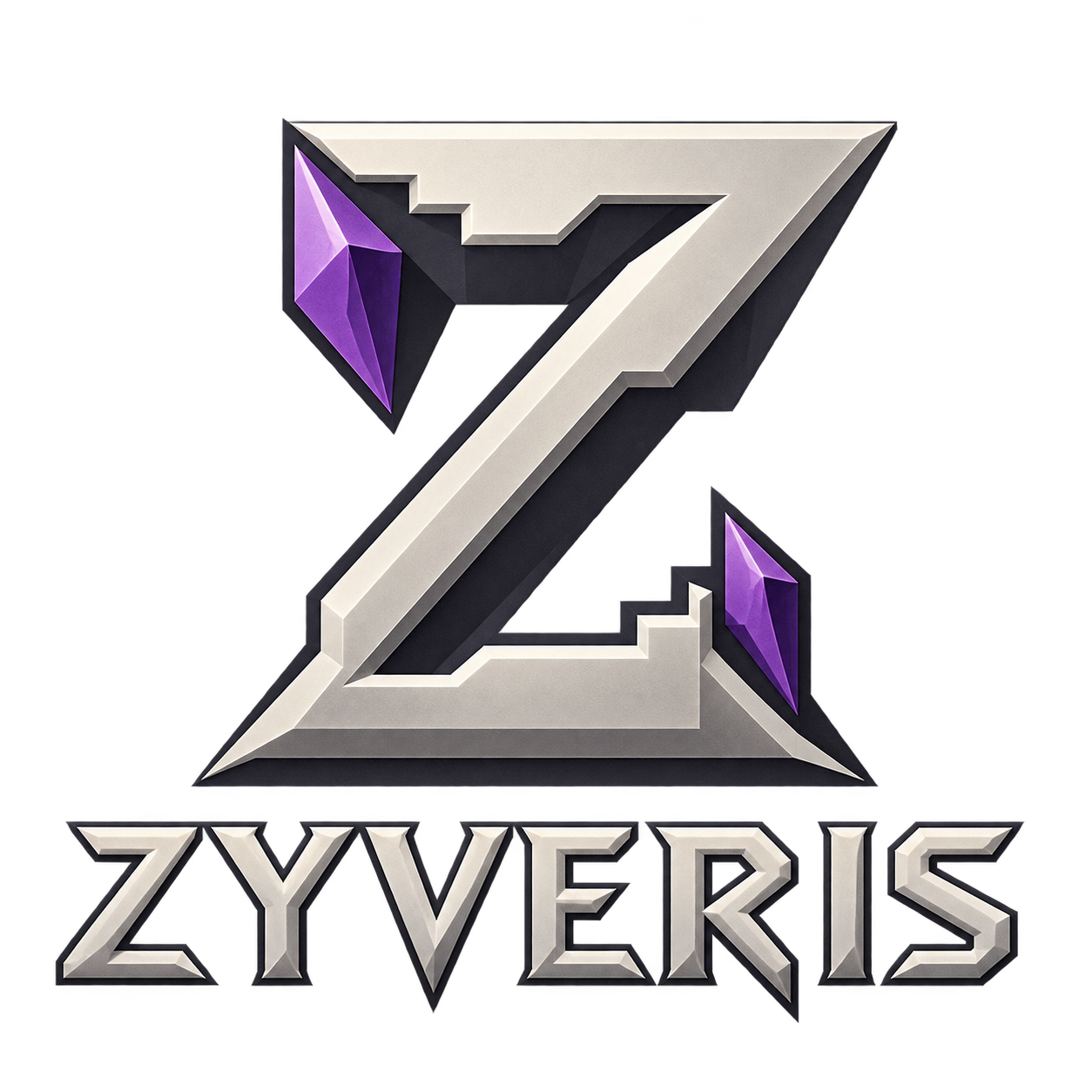 Zyveris silver Z emblem with amethyst crystal accents